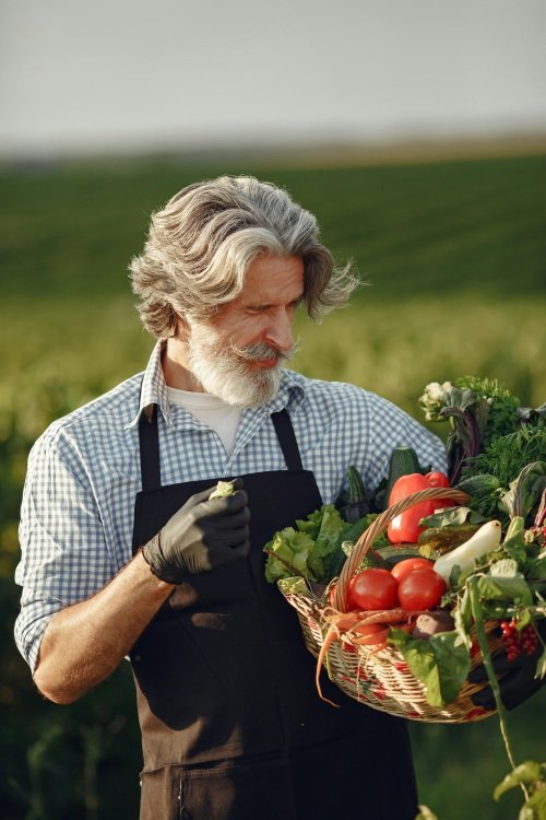 Un producteur tient un panier de fruits et légumes